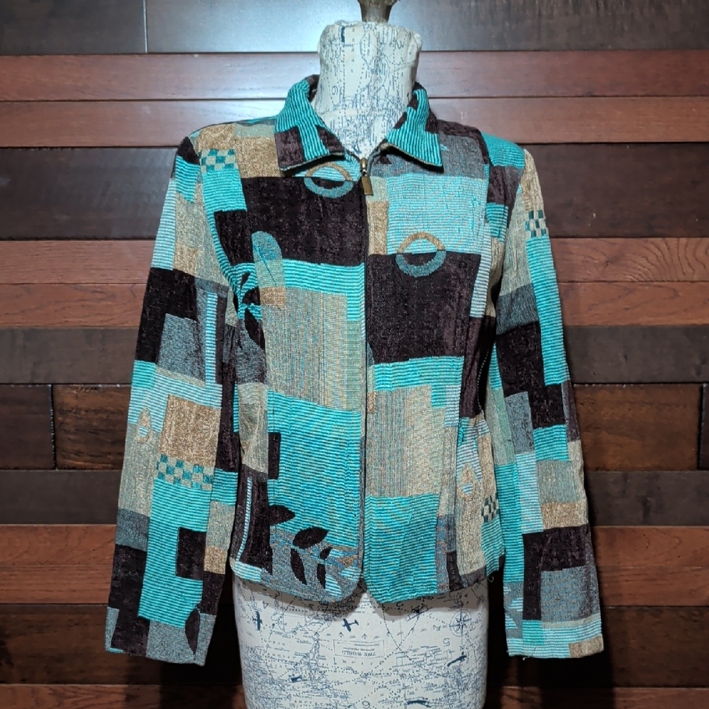 Dressbarn Teal and Brown Patchwork Blazer